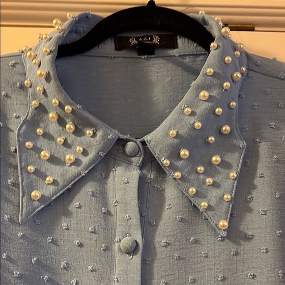 By Blue Embellished Blouse with Romantic Puff Pleated Sleeves & notched collar - Picture 3 of 8